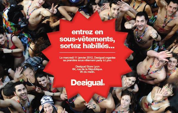 Flyer de promotion de l'évènement "Entrez en sous vêtements, sortez habillés" par Desigual