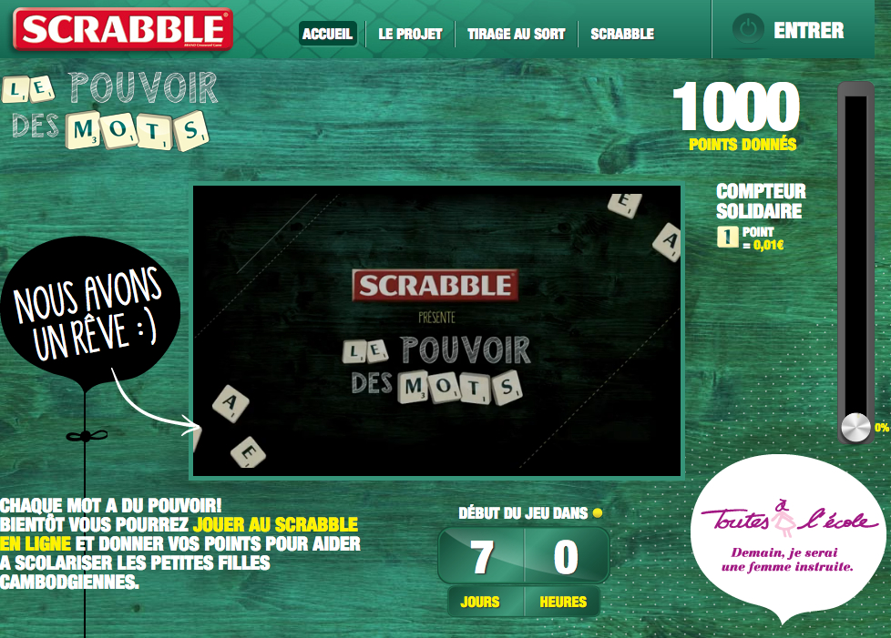 Capture d'écran du site Scrabble pour l'opération Le pouvoir des mots avec Toutes à l'école